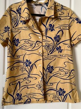 Honolua Hawaiian Floral Button Down Shirt M Beige Navy Aloha Wave Print